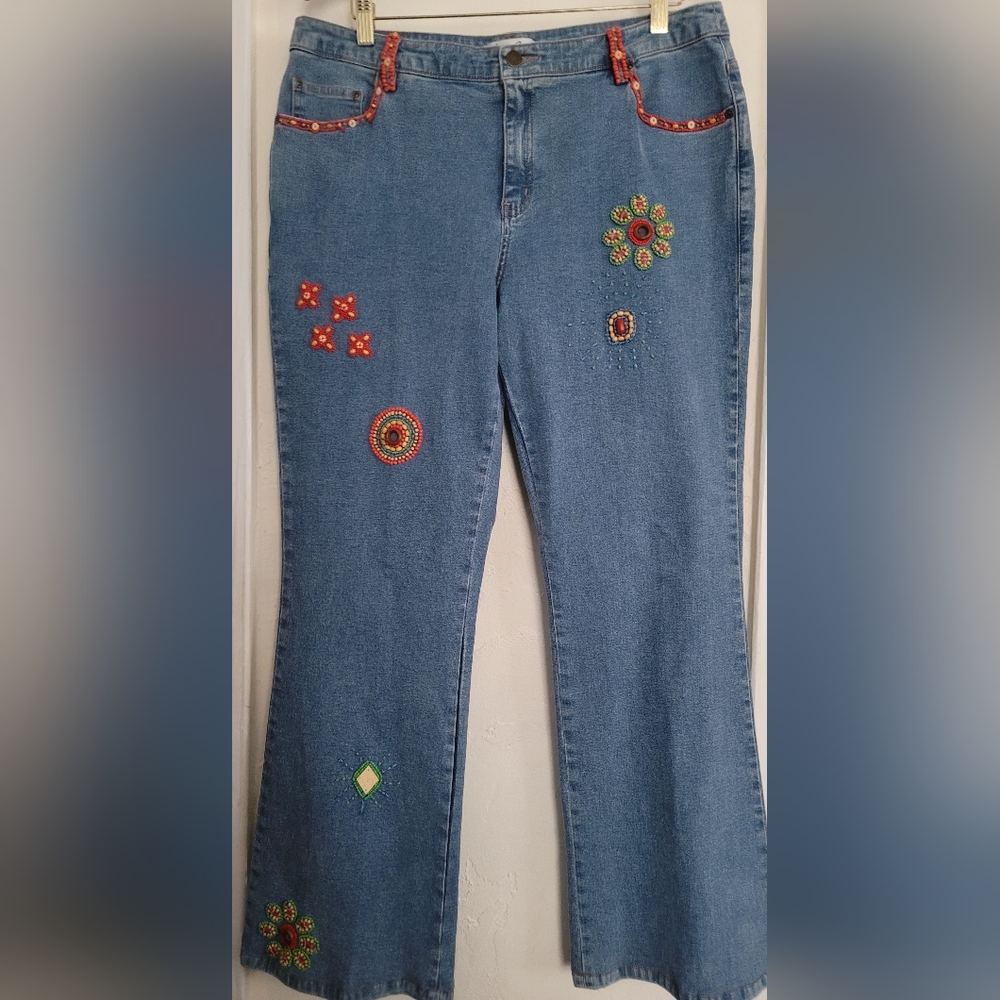 Lillie Rubin Beaded 1970s Style Blue Jeans Womens Size 14 Bootcut Stretch New